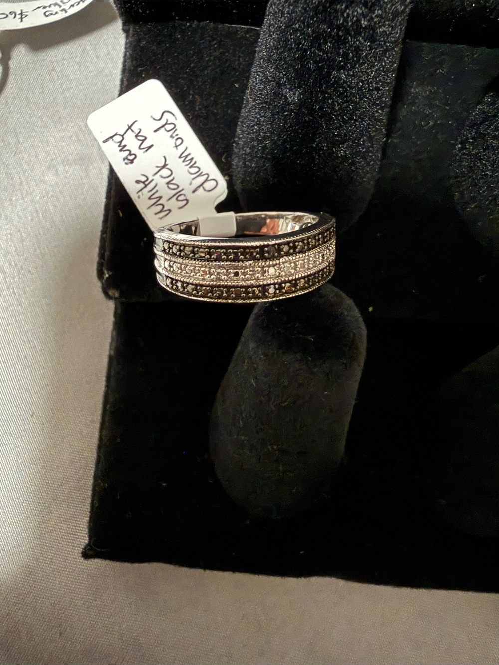 Multi-Row Black and White diamond with silver Band Ring